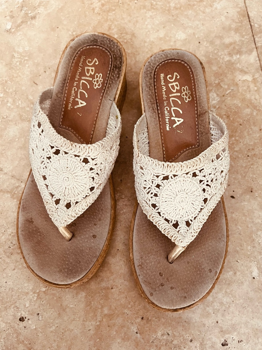 Sbicca Cream Crochet Thong Sandals with Tan Footbed
